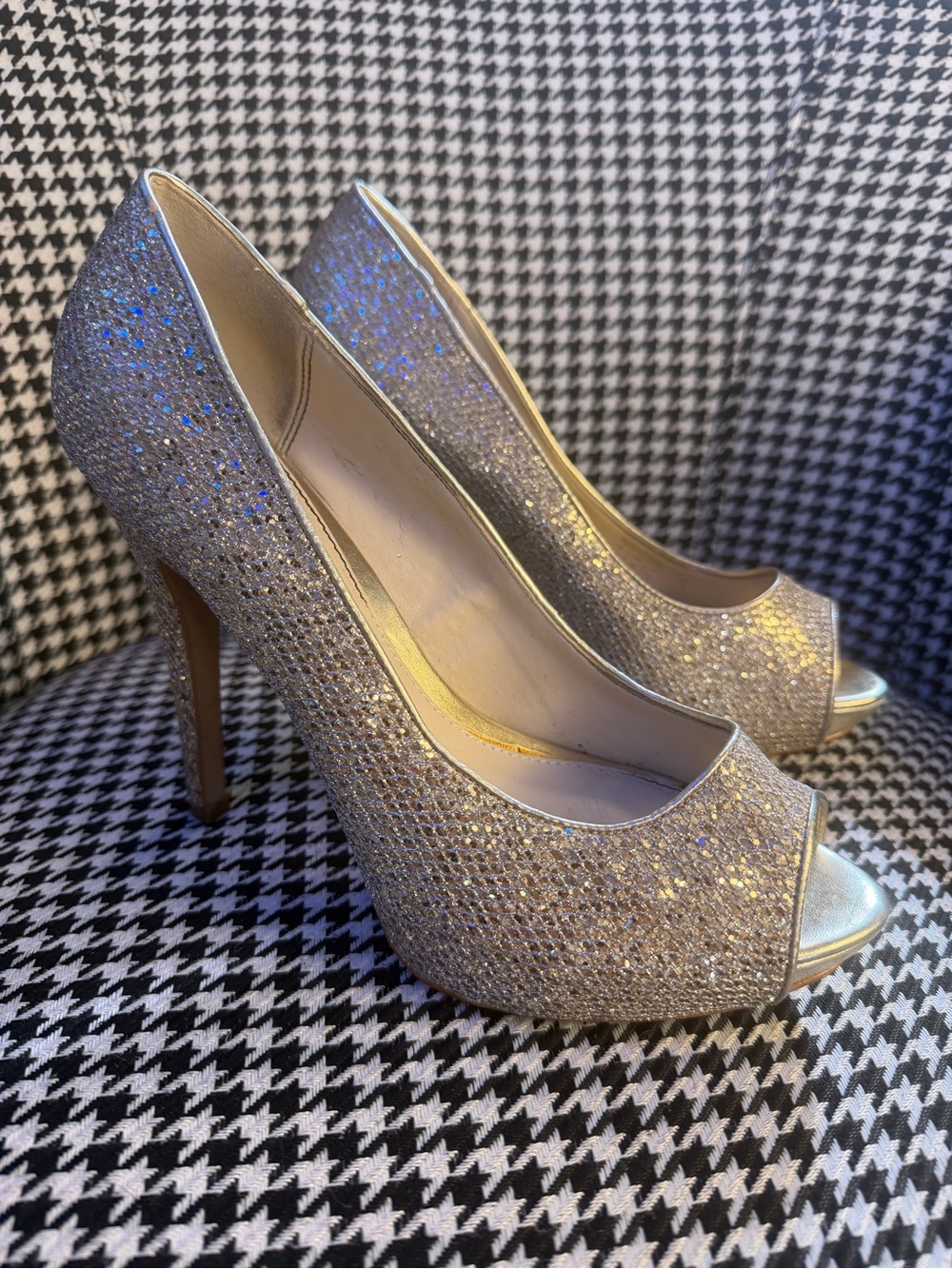 Aldo Gold Glitter Peep Toe High Heels